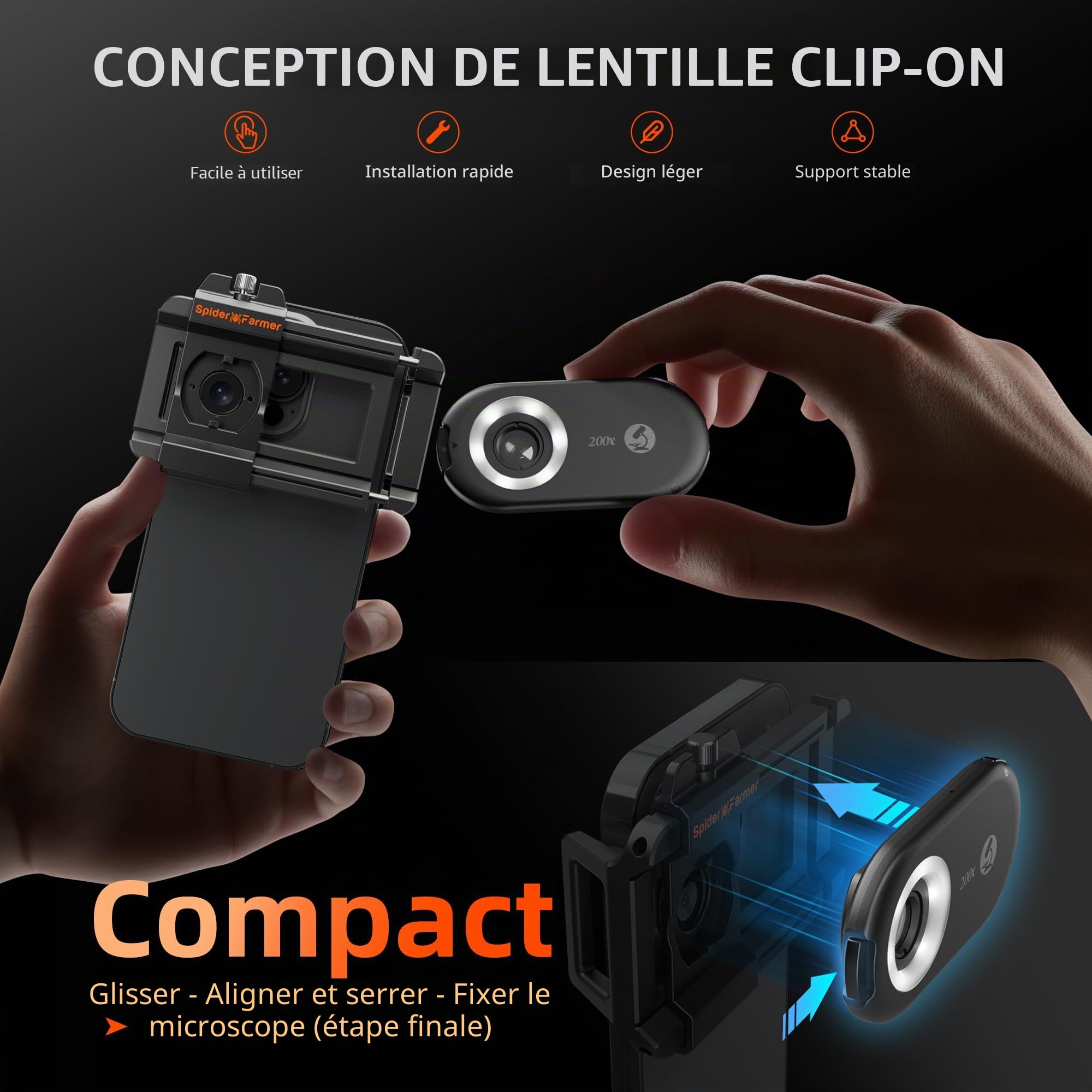 Spider Farmer Handy Microscope 200x Smartphone Microscope, Handy Loupe avec LED pour jardiniers/Enfants, Compatible avec iPhone/Android