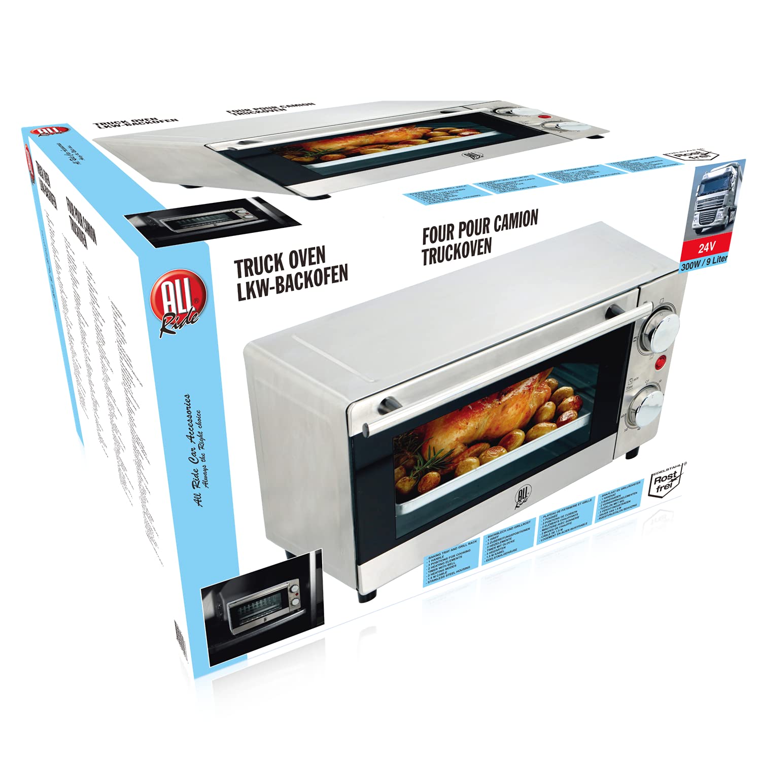 All Ride Mini Backofen - 24 Volt über Zigarettenanzünder - für unterwegs: LKW, Wohnmobil oder Boot - 300 Watt - 9 Liter - Edelstahl