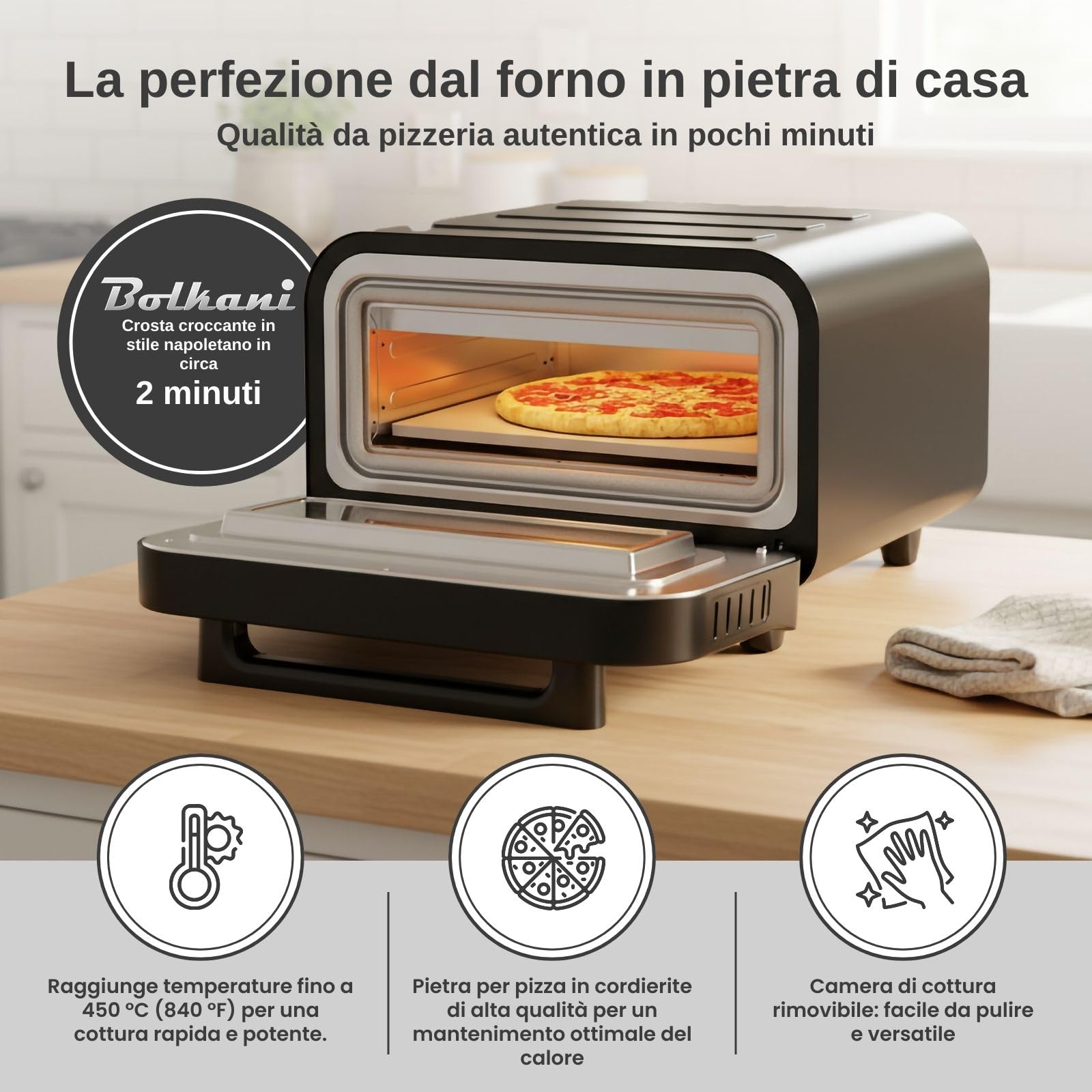 Forno elettrico per pizza – 450 °C con pietra e pala per pizza – 1700 W, timer, luce interna, finestra – Pizza croccante in 2 minuti – Macchina per pizza professionale da casa - BOLKANI (nero)