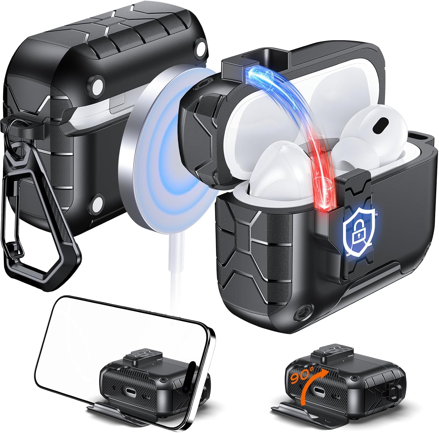 Anqrp MagArmor Auto-Open for AirPods Pro 3rd Gen Case with Built-in Magnets, [One-Press Auto-Open] [Compatible with Mag-Safe Charging], Full-Body MIL-Grade Protective with Air-AL Carabiner Black
