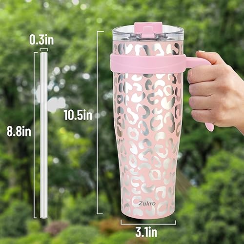 Miniatura 9 de Zukro Vaso de 50 onzas con popote abatible y asa, a prueba de fugas de acero inoxidable aislado al vacío con tapa 2 en 1, apto para portavasos sin