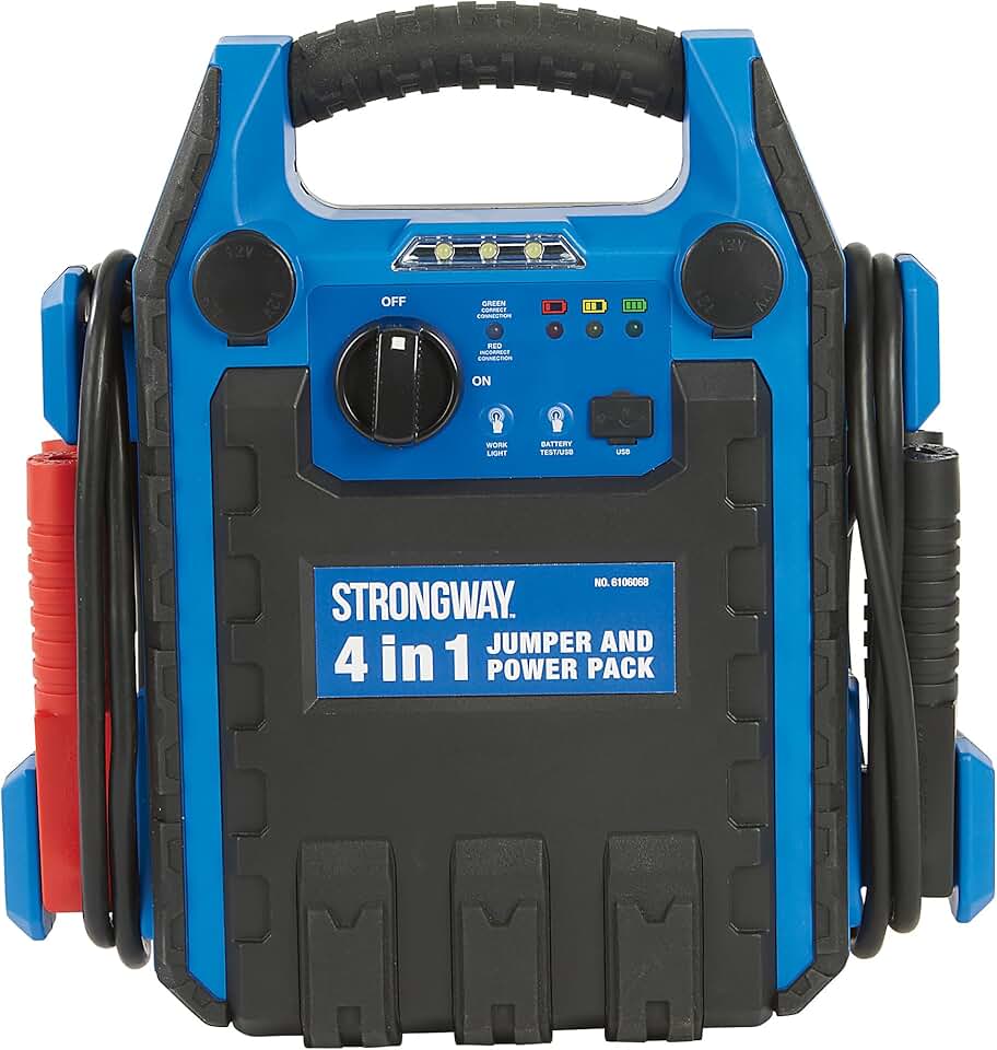 Strongway 12V Jump Starter and Power Pack, 900A Peak, 250 PSI Air Compressor, USB Charging, LED Light