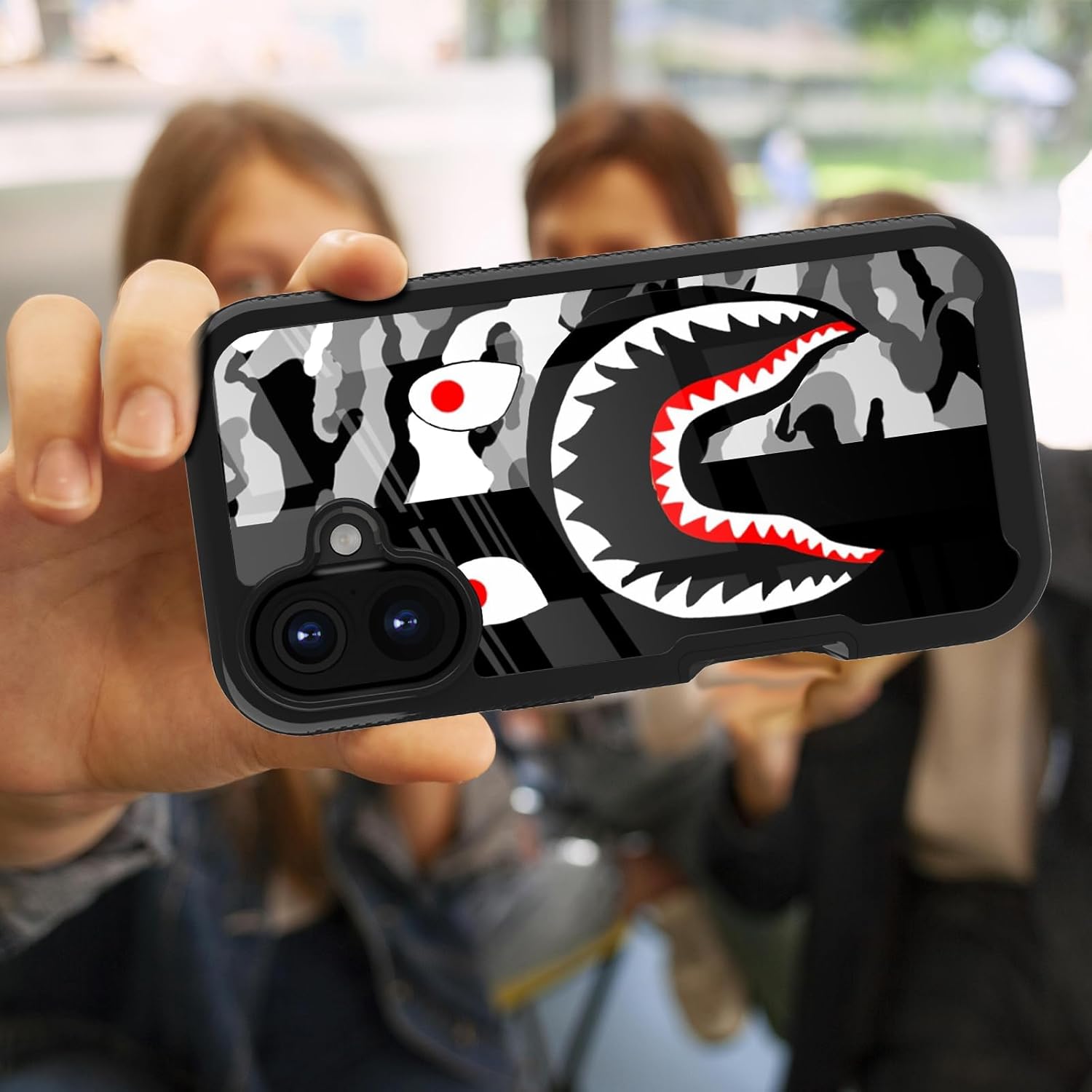 Street Fashion Cool Camo Black Gray Shark Design Compatible with iPhone 16 Case for Boys Man Luxury Shockproof Rugged Cover Dual Layer Soft TPU + Hard PC Bumper Full-Body Protective Case - Image 3