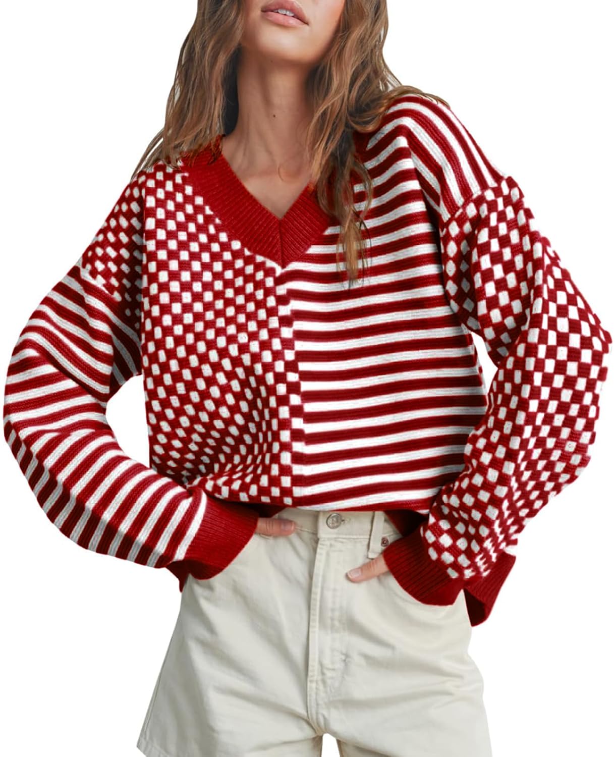Womens Striped Checkered Sweater Oversize Knit V Neck Sweaters Casual Long Sleeve Pullover Tops 2025