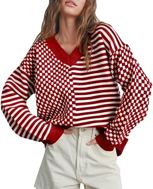 Womens Striped Checkered Sweater Oversize Knit V Neck Sweaters Casual Long Sleeve Pullover Tops 2025