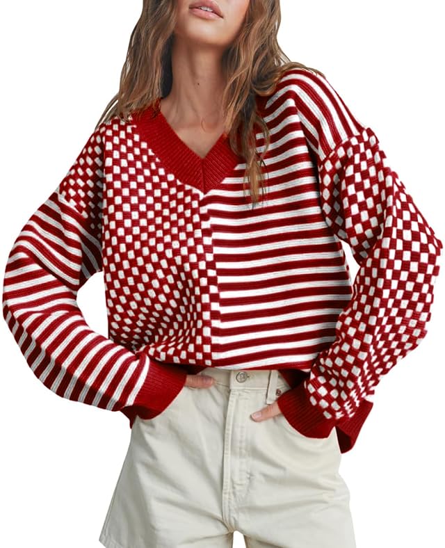 Womens Striped Checkered Sweater Oversize Knit V Neck Sweaters Casual Long Sleeve Pullover Tops 2025