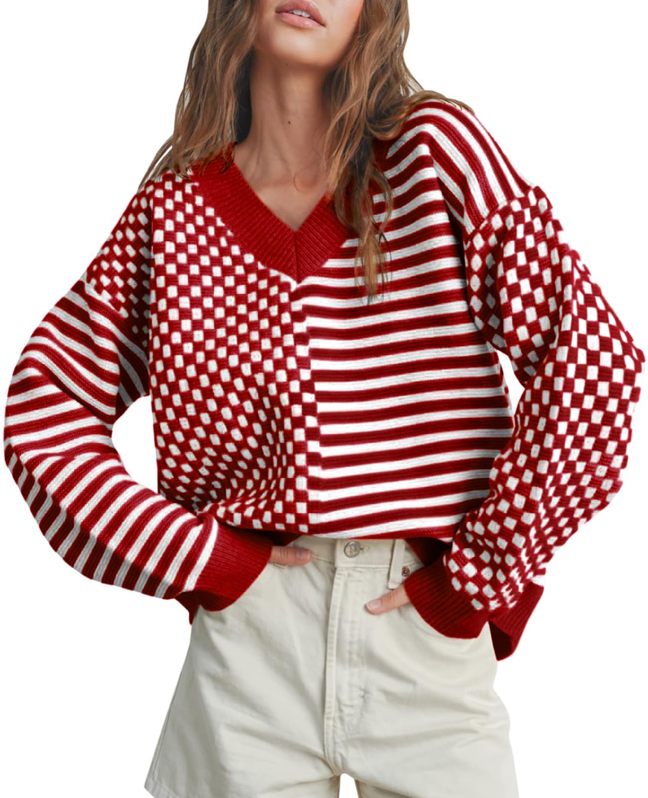 Womens Striped Checkered Sweater Oversize Knit V Neck Sweaters Casual Long Sleeve Pullover Tops 2025