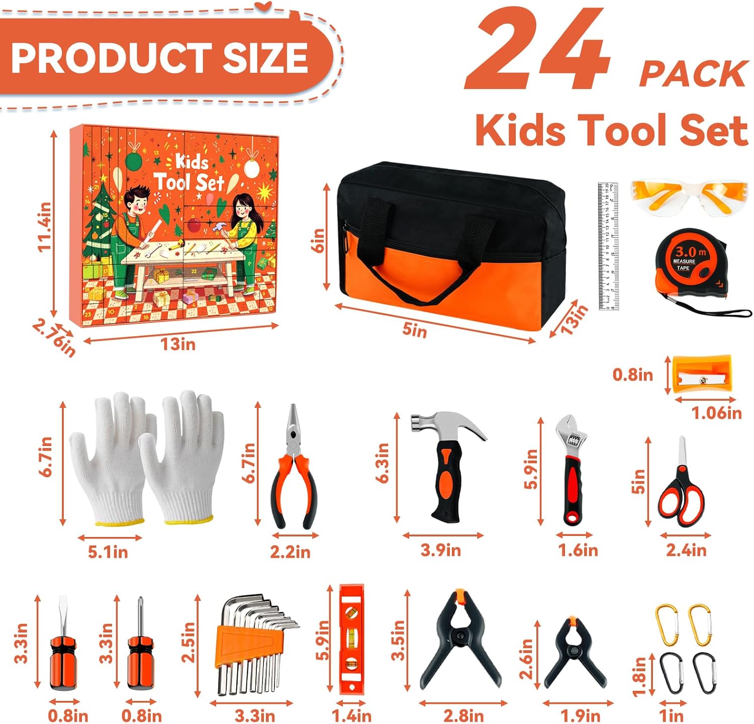 24-Day Christmas Countdown Calendar - Kids Tool Kit with Real Working Tools, 24 Mini Construction Toys for Boys & Girls Ages 8+, Holiday Learning Advent Calendar