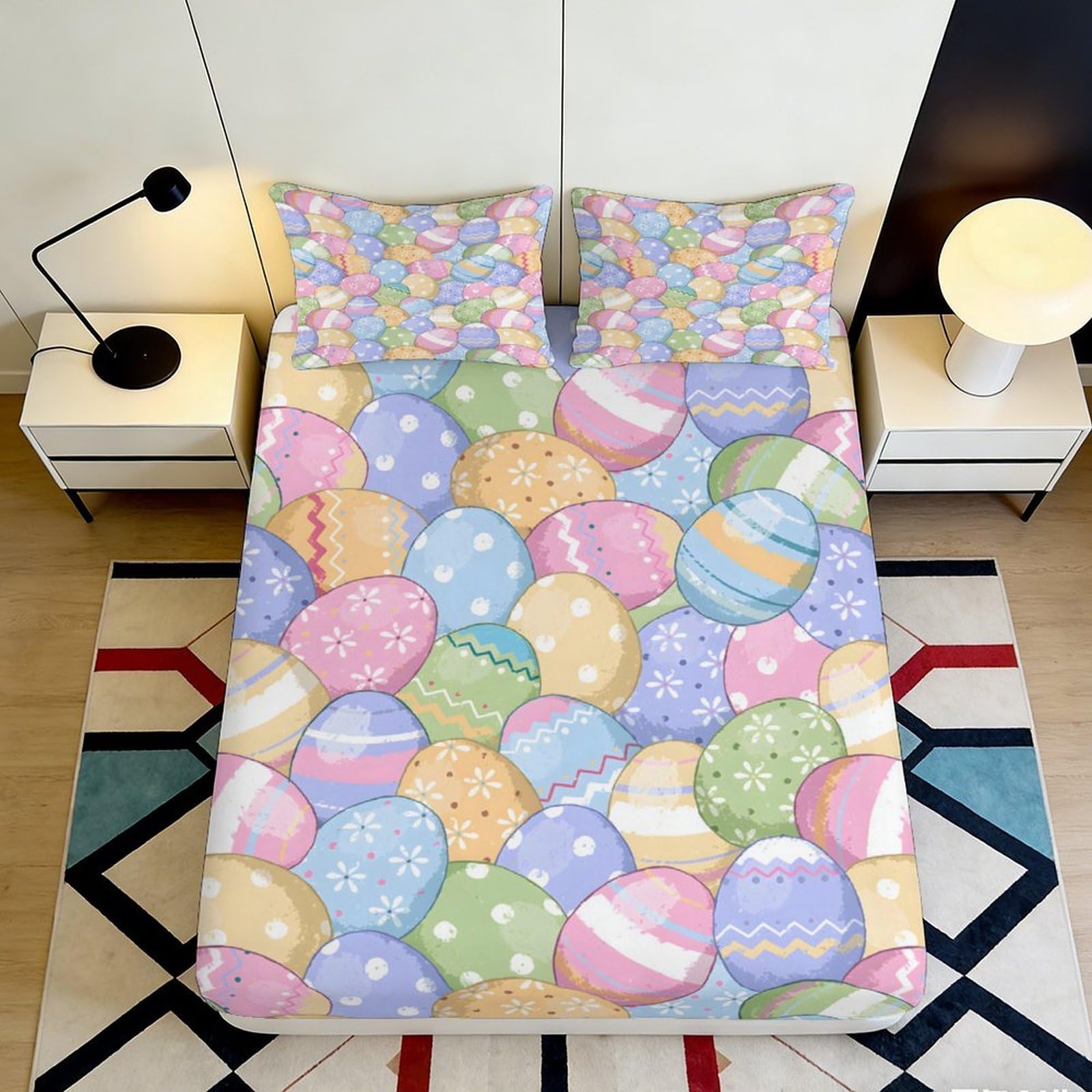 3D Printed Easter Eggs Fitted Sheet Microfiber Non-Slip Deep Pocket Bedroom Bedding Easter Mattress Fitted Cover Full Wrap for All Ages 180x200x25cm