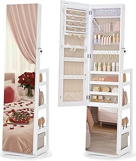 SONGMICS Jewelry Cabinet with Full-Length Mirror, 360° Rotating Standing Jewelry Armoire Organizer, Built-in LED Lights, 4 Storage Shelves, for Bedroom, Dressing Room, Cloud White UJJC027WH01