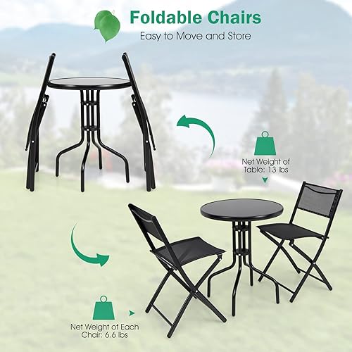 Miniatura 6 de Tangkula Juego de 3 piezas plegables para patio, sillas plegables y mesa con mesa de vidrio templado, mesa redonda y sillas plegables, juego de