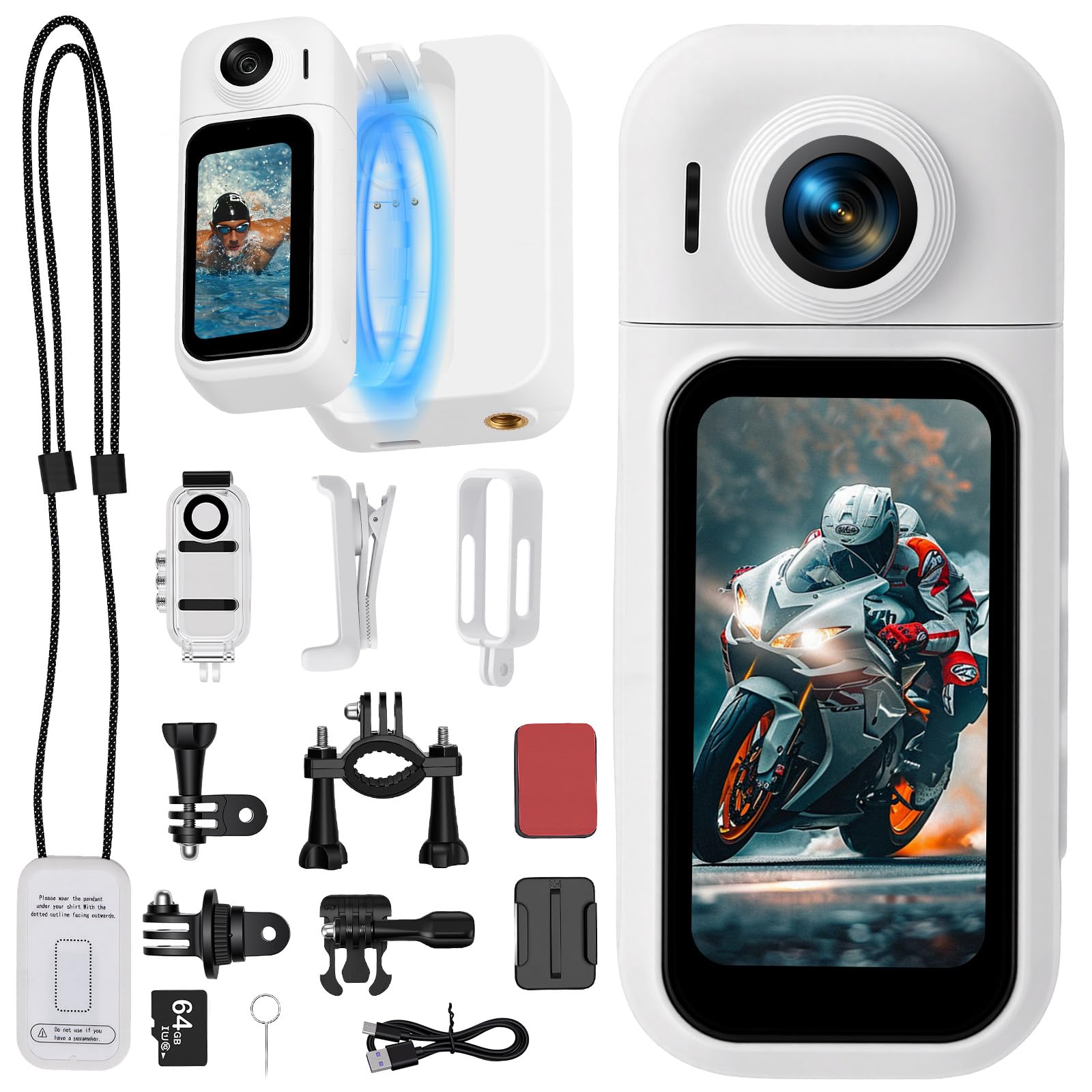 360° Mini Action Kamera mit Touchscreen, Action Body Cam, 30m Wasserdicht, 8h Akku, 120° Weitwinkel, inkl. 8h Akku Laufzeit, 64GB Speicher, Fahrradhelm Kamera für Motorrad, Tauchen, Vlog (weiß)
