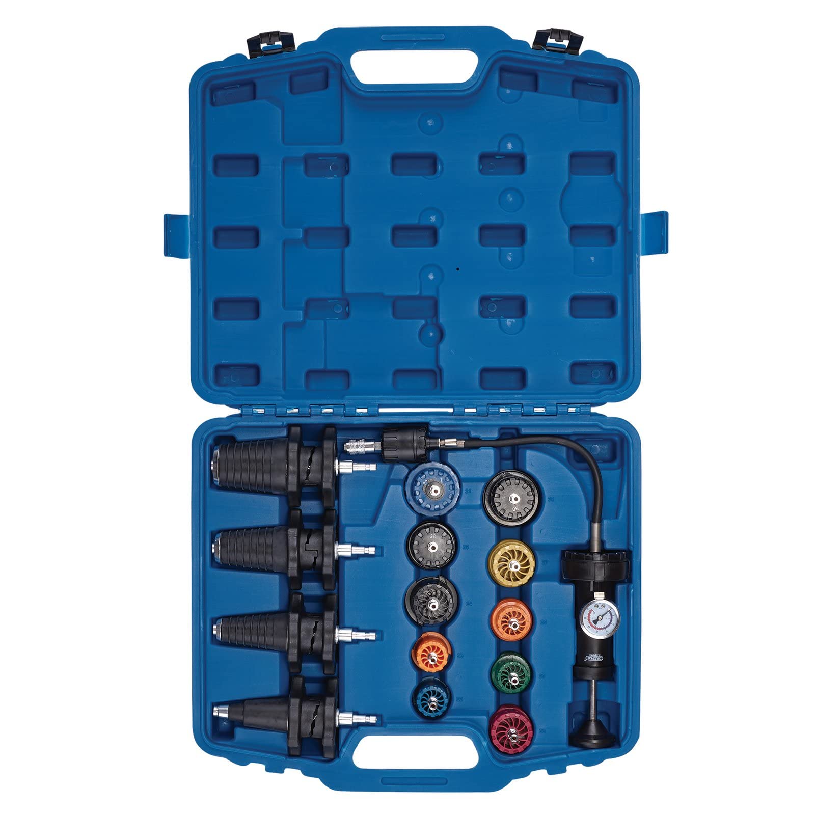 Draper 21439 Kit de Prueba de presión Universal (15 Piezas), Sistema de refrigeración para Motores de Gasolina, Azul y Negro