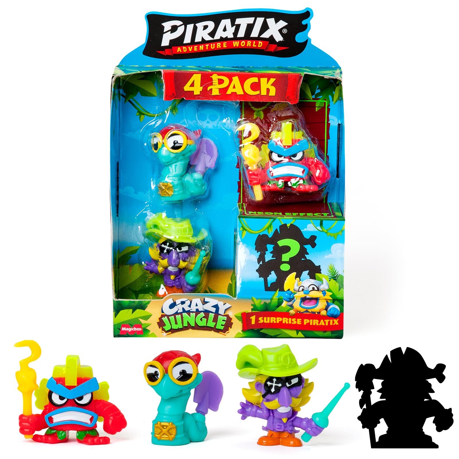 PIRATIX, ADVENTURE WORLD Crazy Jungle Series – 4 pack Includes 4 Piratix: 1 'Neon effect', 1 surprise, and 4 ‘neon’ accessories, Pack 2 out of 6