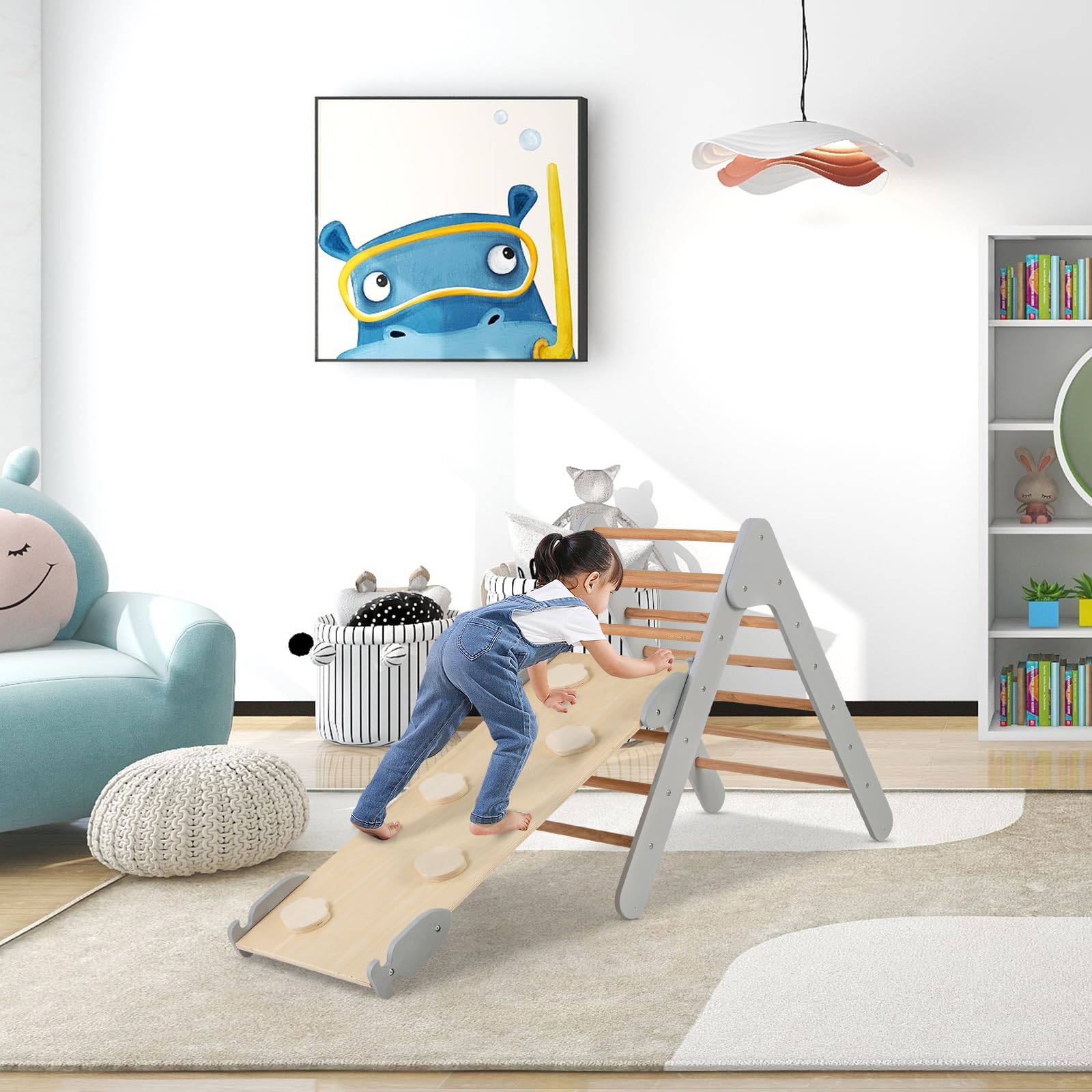 COSTWAY Kletterdreieck mit Rutsche, Klettergerüst Indoor ab 1 Jahr, Sprossendreieck Kletterrampe aus Holz, zum Klettern & Rutschen (Grau)