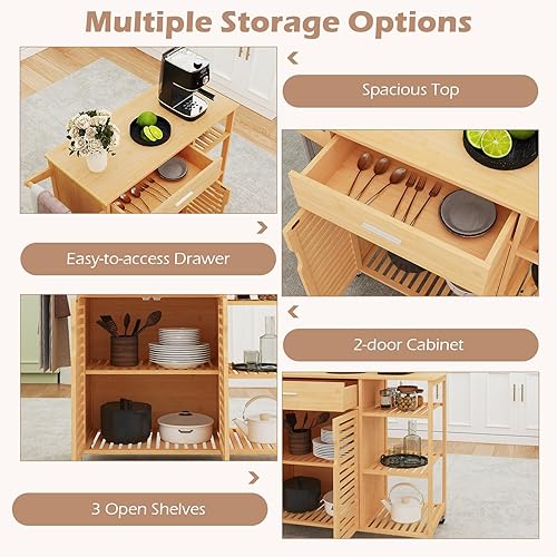 Vista 5 de Bamboo Kitchen Island Cart, Rolling Butcher Block with Large Drawer, 2-Door Cabinet, 3-Tier Open Shelves, Towel Rack, Kitchen Carts on Wheels with