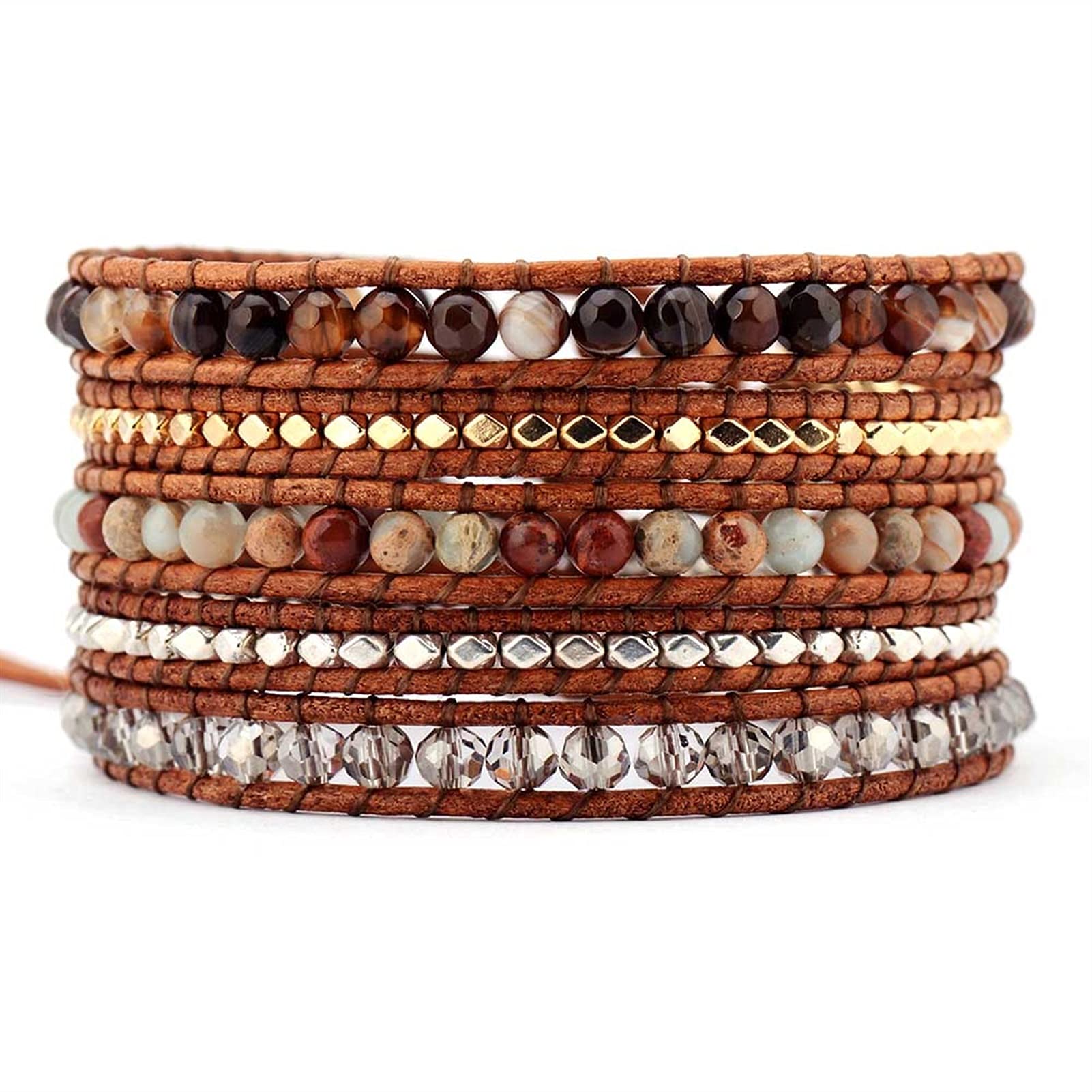 Naturstein-Armband, Naturstein, Onyx-Kristall, 5-lagiges Leder-Wickelarmband, mehrschichtiges Weben, Perlenarmbänder, Armband-Schmuck