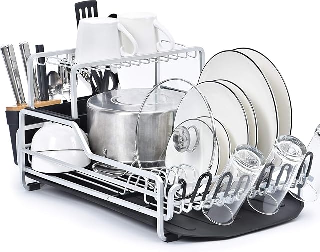 KINGRACK Dish Drying Rack, Aluminum Dish Drainer 2 Tier with Draining Board, Drip Tray,Top Shelf Sink Drainer, Cutlery Holder & Cup Holder, Large plate Rack drainer for Kitchen extra Draining Black