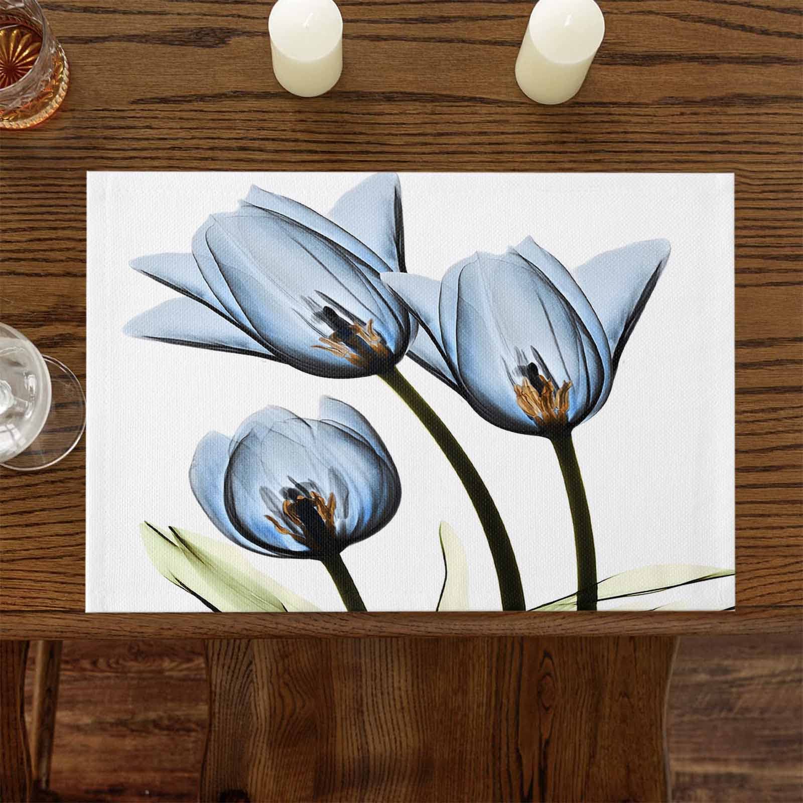 Crystal Emotion Place Mats Indoor Set of 6, Blue Flower Cotton Linen Placemats for Dining Table Anti-Skid, Elegent Tulip Florals, Heat Resistant Table Mats Wipeable, 12x18 inch.
