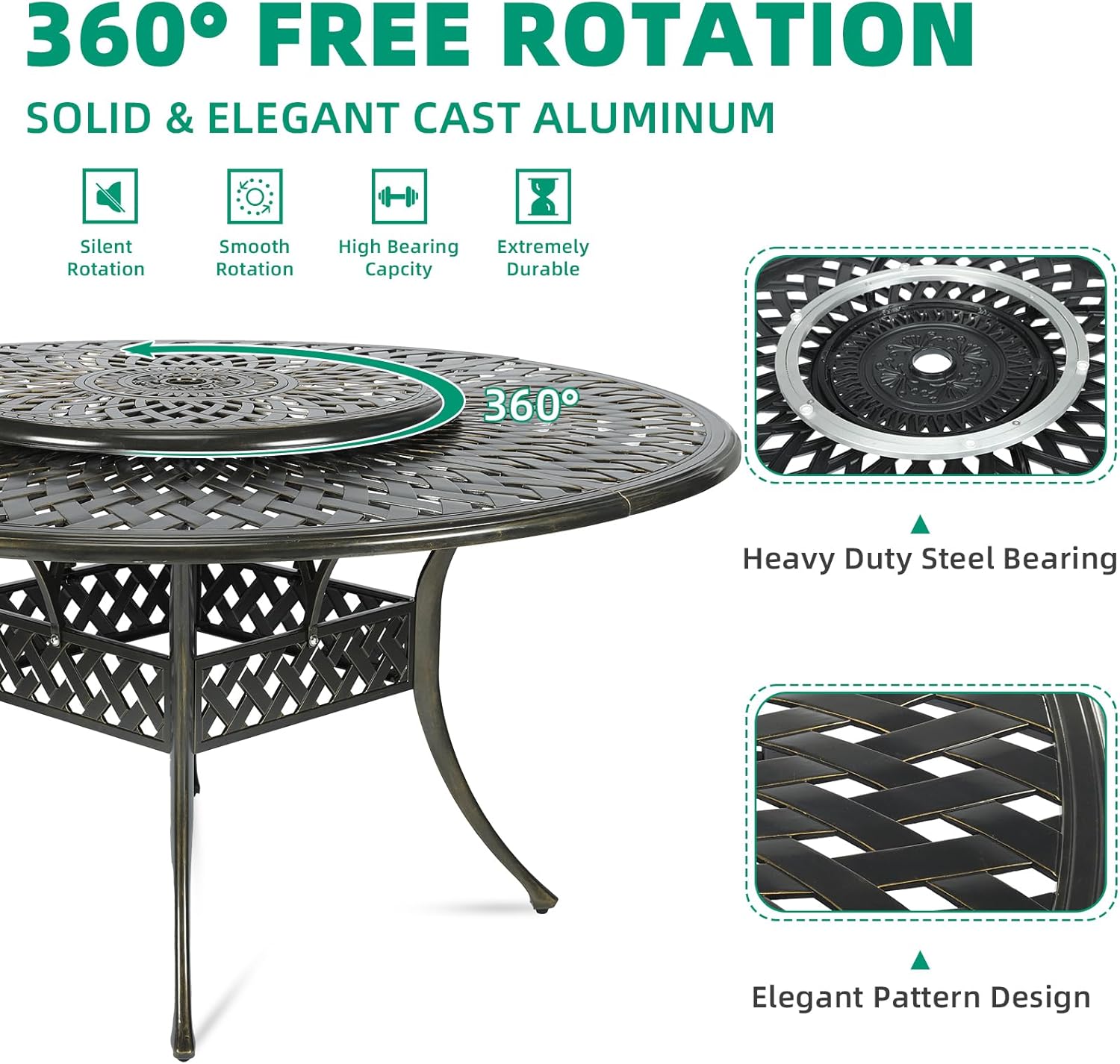 VIVIJASON 9-Piece Patio Dining Set, Rust-Free Cast Aluminum Outdoor Conversation Set, Includes 8 Swivel Dining Chairs & 61" Round Dining Table with 31" Lazy Susan, Ocean Blue