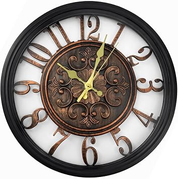 Vintage Wall Clock for Living Room   3D Roman Numeral Design, Silent Quartz Movement, Antique Decorative Round Wall Clock for Home, Office, Caf  & Hotel D cor   40cm Black & Bronze