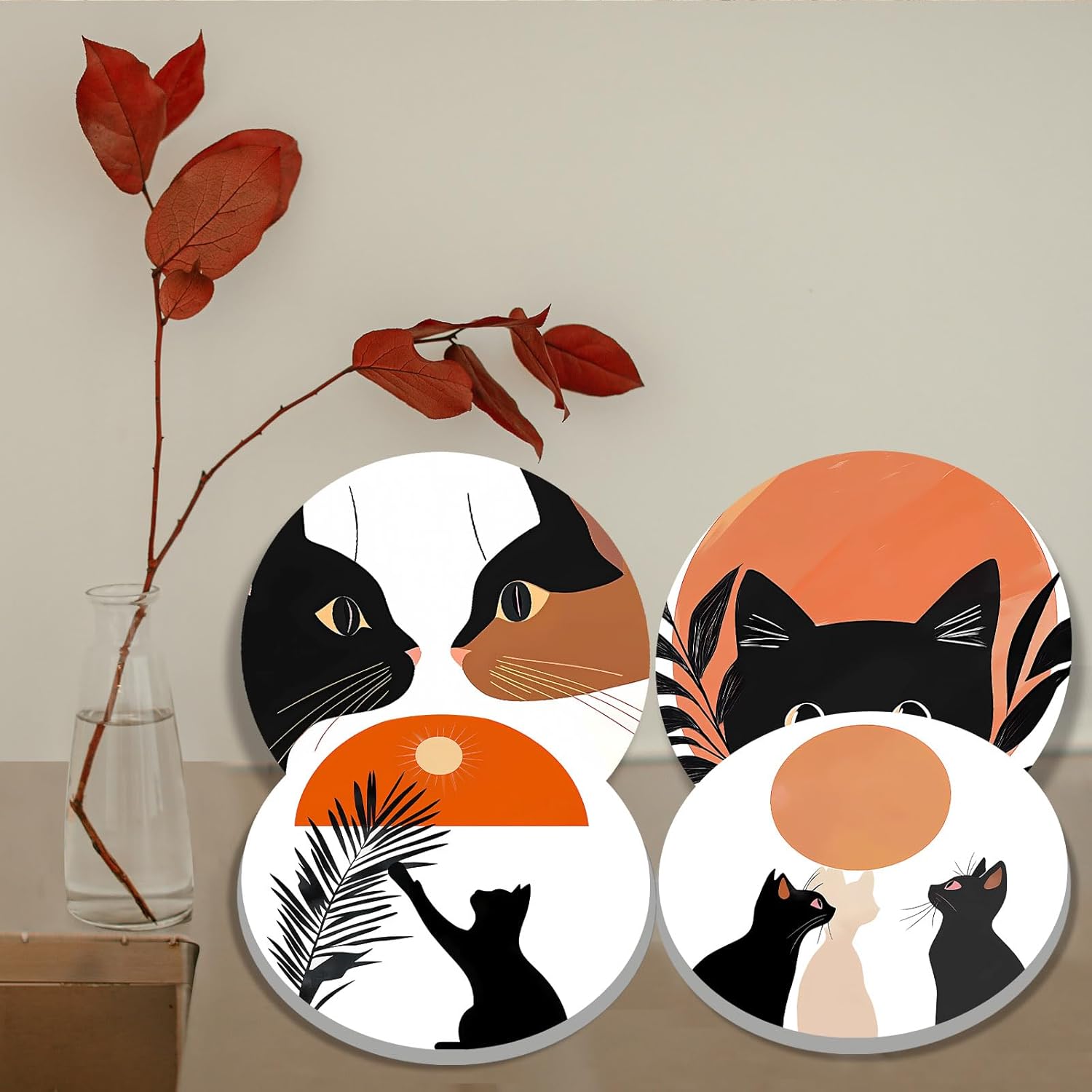 Boho Electric Stove Burner Covers, Set of 4 Round Stove Burner Covers, 8 and 10 Inch, Cats Sun and Leaes Gas Stove Burner Covers, Metal Stove Burner Cover, Modern Cooktop Decorative