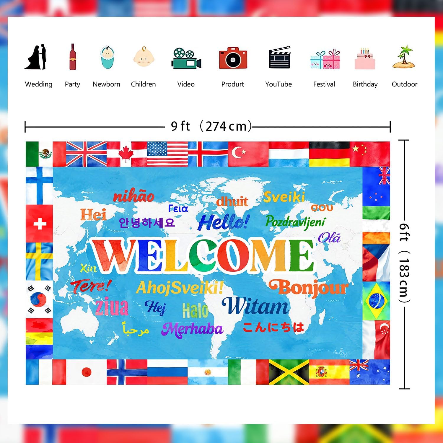International World Flag Backdrop Hello Welcome Aquarelle Country Flags Banner for International Sports Events Club Office School Classroom Party Decor Supplies 9x6ft image 2