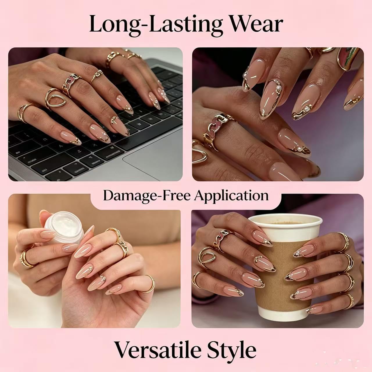 Magrace Press on Nails Medium Almond Fake Nails French Tips False Nails with Gold Line Design 24 pcs Stick on Nails for DIY