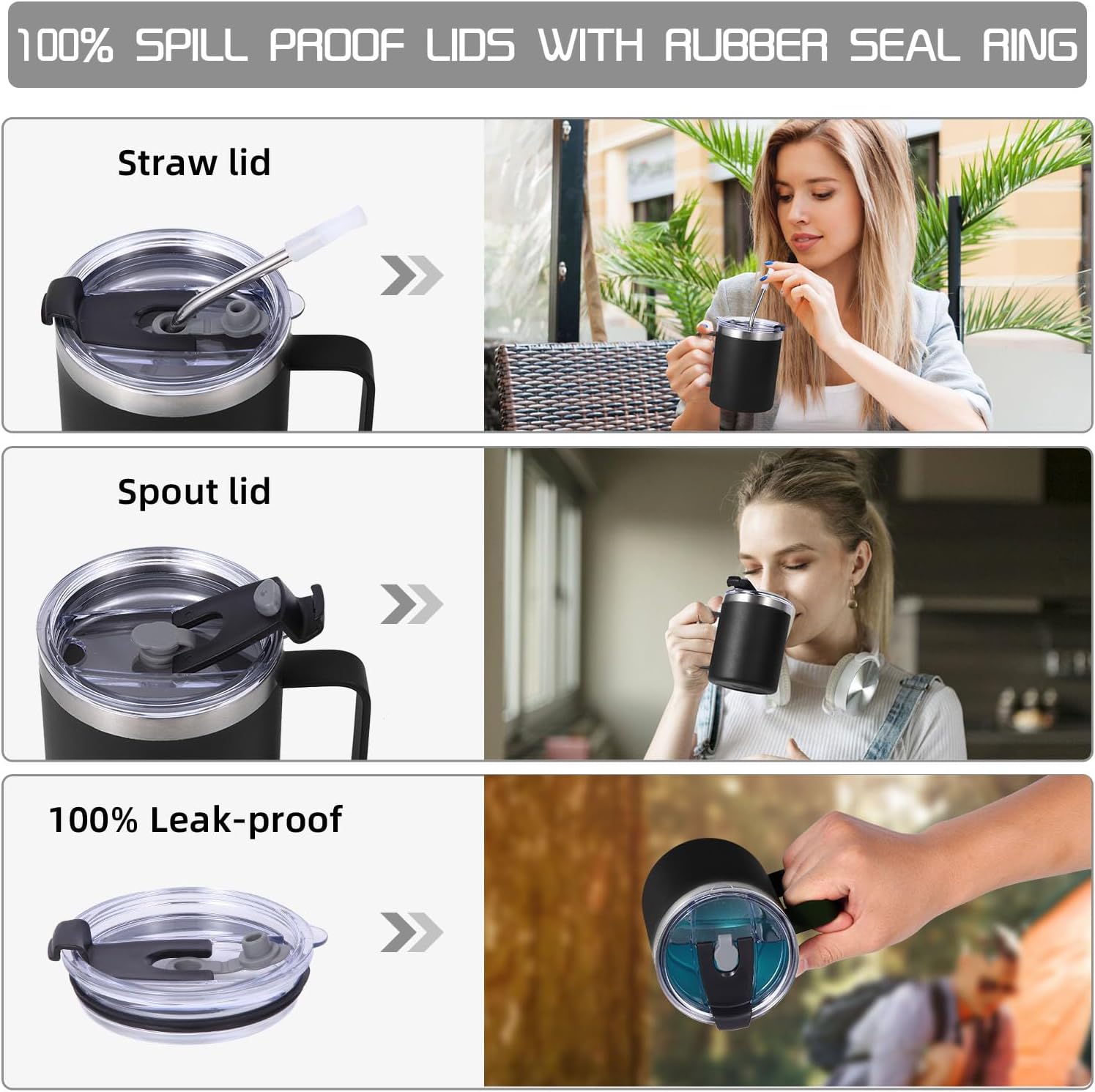 Volhoply 12oz Insulated Leakproof Coffee Mug with Flip & Straw Lid Bulk 8 Pack,Double Wall Vacuum Stainless Steel Travel Tumbler Cup with Handle,Reusable Camping Keep Cold/Hot(Black,8 Set) - Image 4