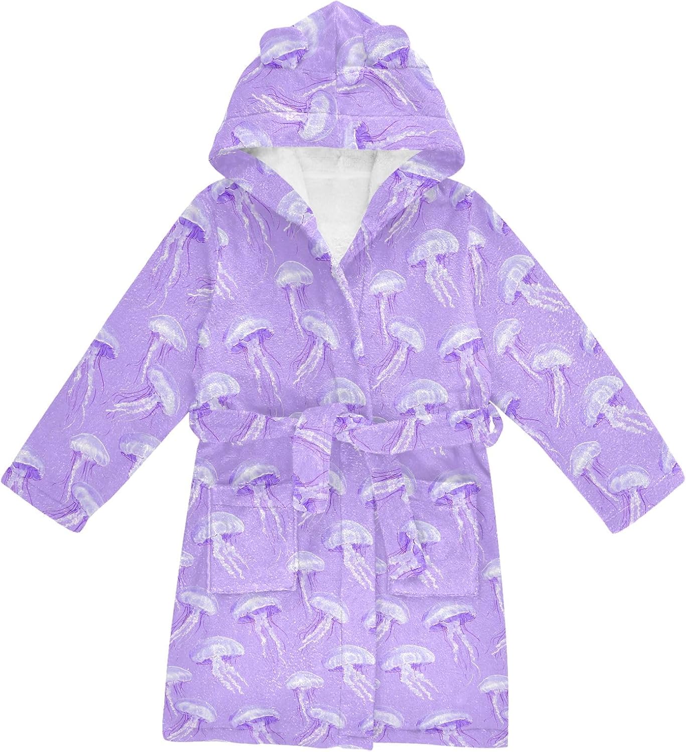 Purple Jellyfish Pattern Toddler Hooded Bathrobe for Boys Girls Soft Plush Bath Towel Robe 2-12 Years