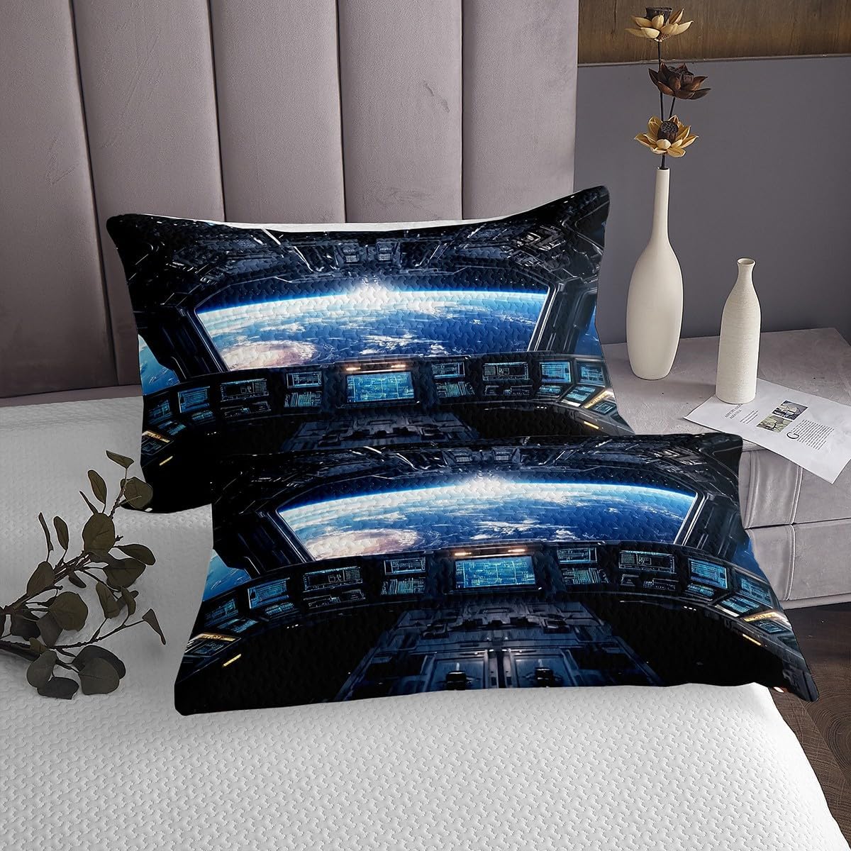 Homewish Outer Space Bedspread Twin Size,Universe Planet Spaceship Bedding Set for Kids Girls Boys Room Decor,Astronaut Modern Space Ship Coverlet Set 2Pcs,The Earth Microfiber Quilt,1 Pillowcase