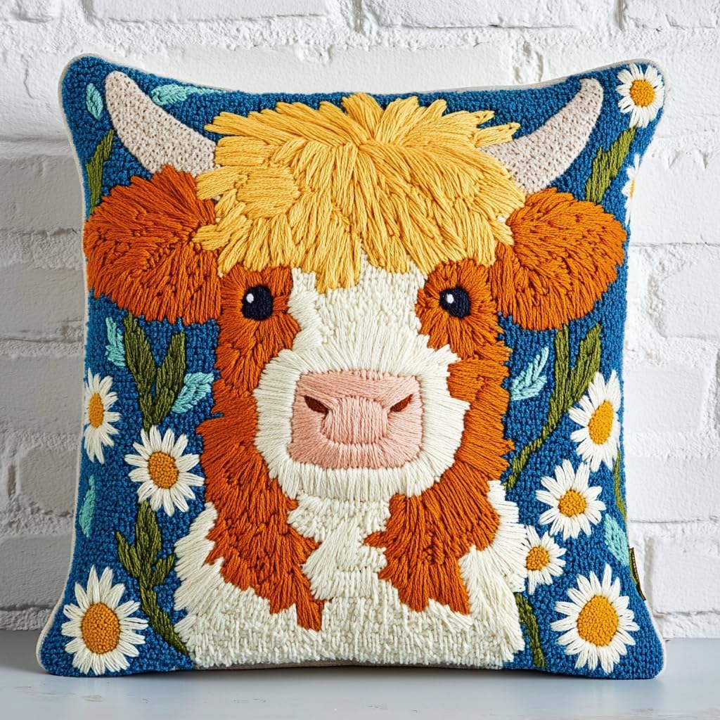 DIY Punch Needle Pillow Kit Cute Highland Cow Daisy Flowers with Pattern and Hoop Handmade Embroidery Punch Needle Starter Pillowcase Set for Home Sofa Decor 43x43cm-1-77