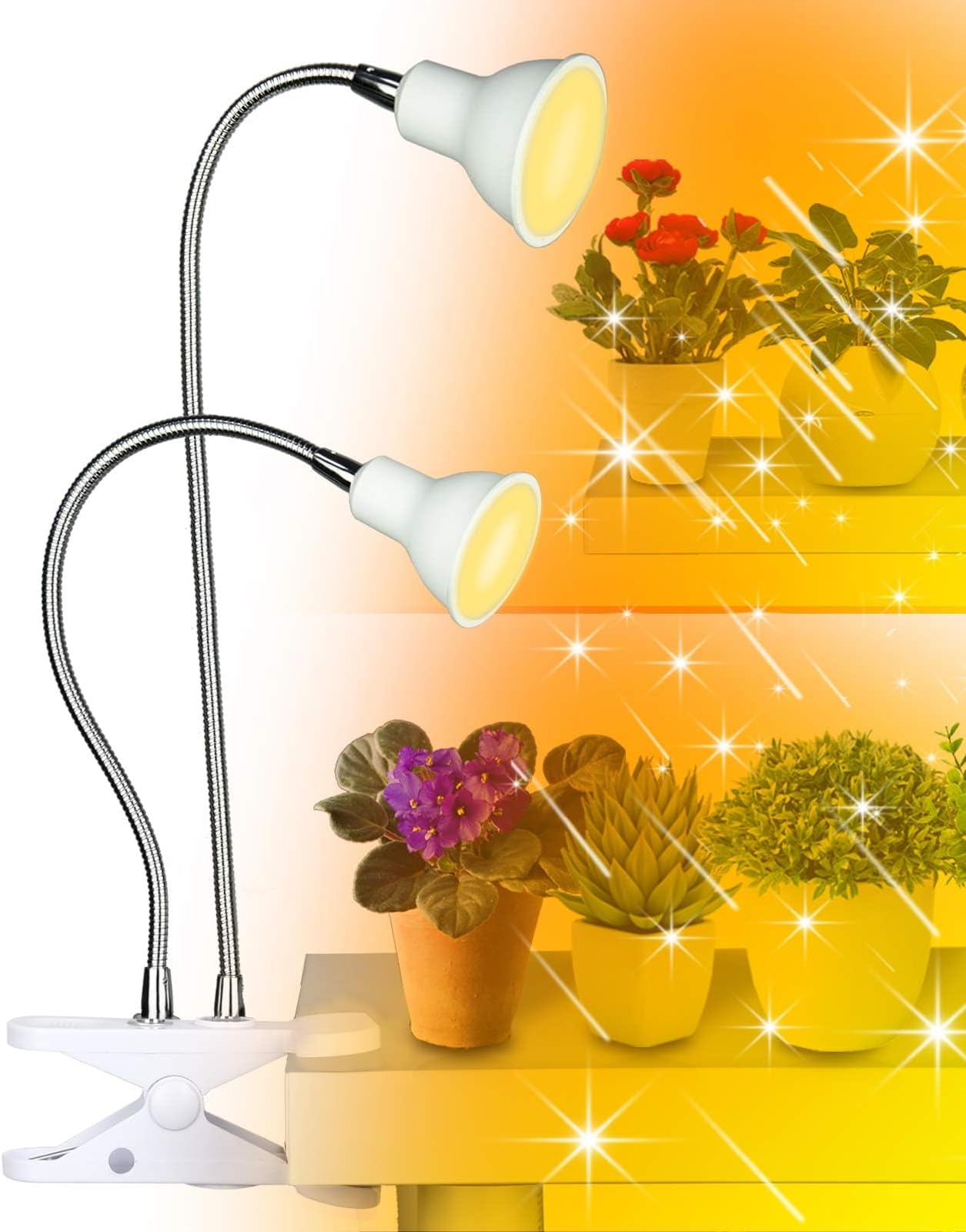 DOMMIA Grow Lights for Indoor Plants,Full Spectrum Grow Light with Warmwhite Red LED,Dual Head Clip Plant Light for Indoor Plants,Manual ON/Off Switch,Adjustable Gooseneck Plant Light for Houseplants