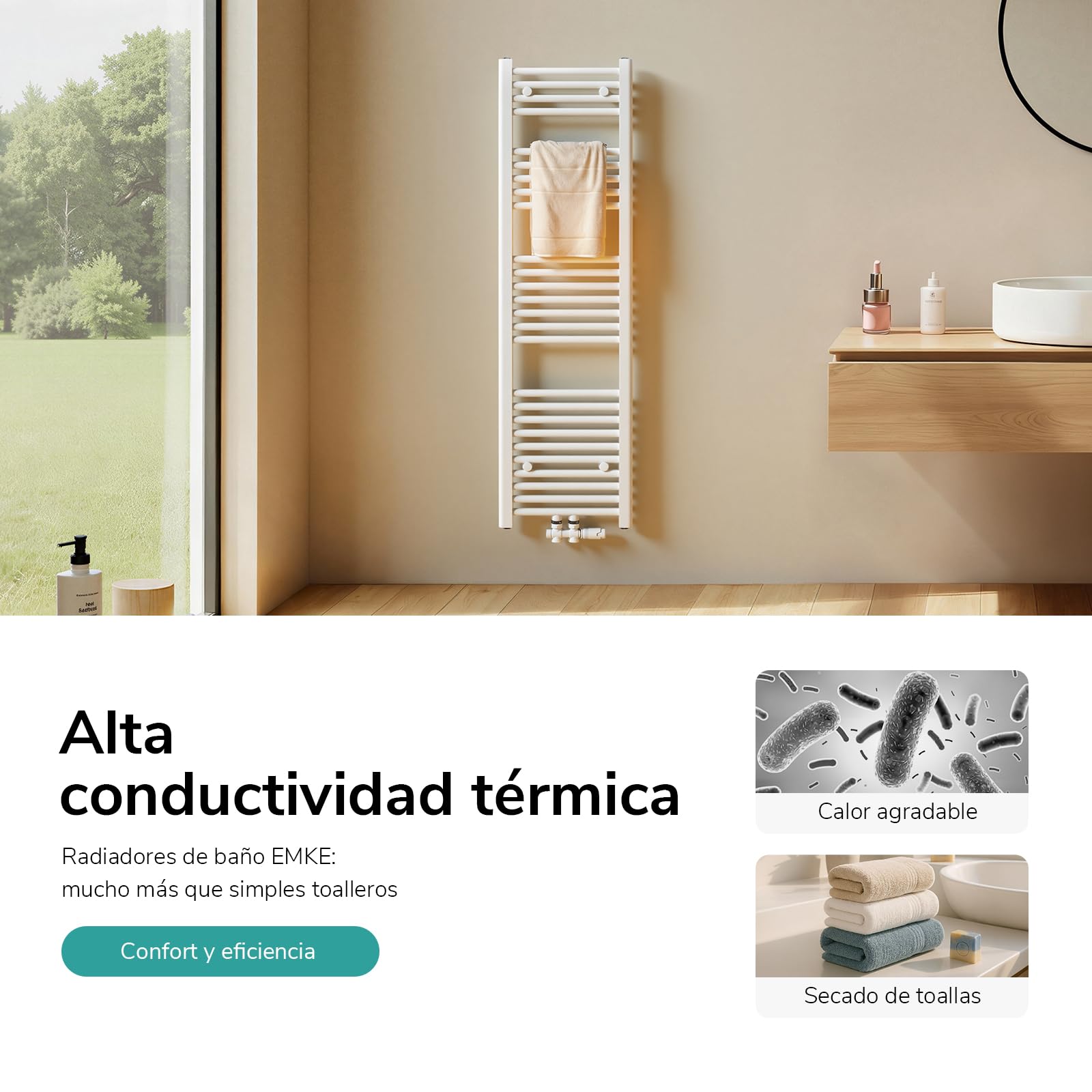 EMKE Toallero Baño Radiador, 120 x 40 cm, Tubo Redondo, Blanco | secador de Toallas con conexión Central, radiador secador de Toallas de Agua Caliente