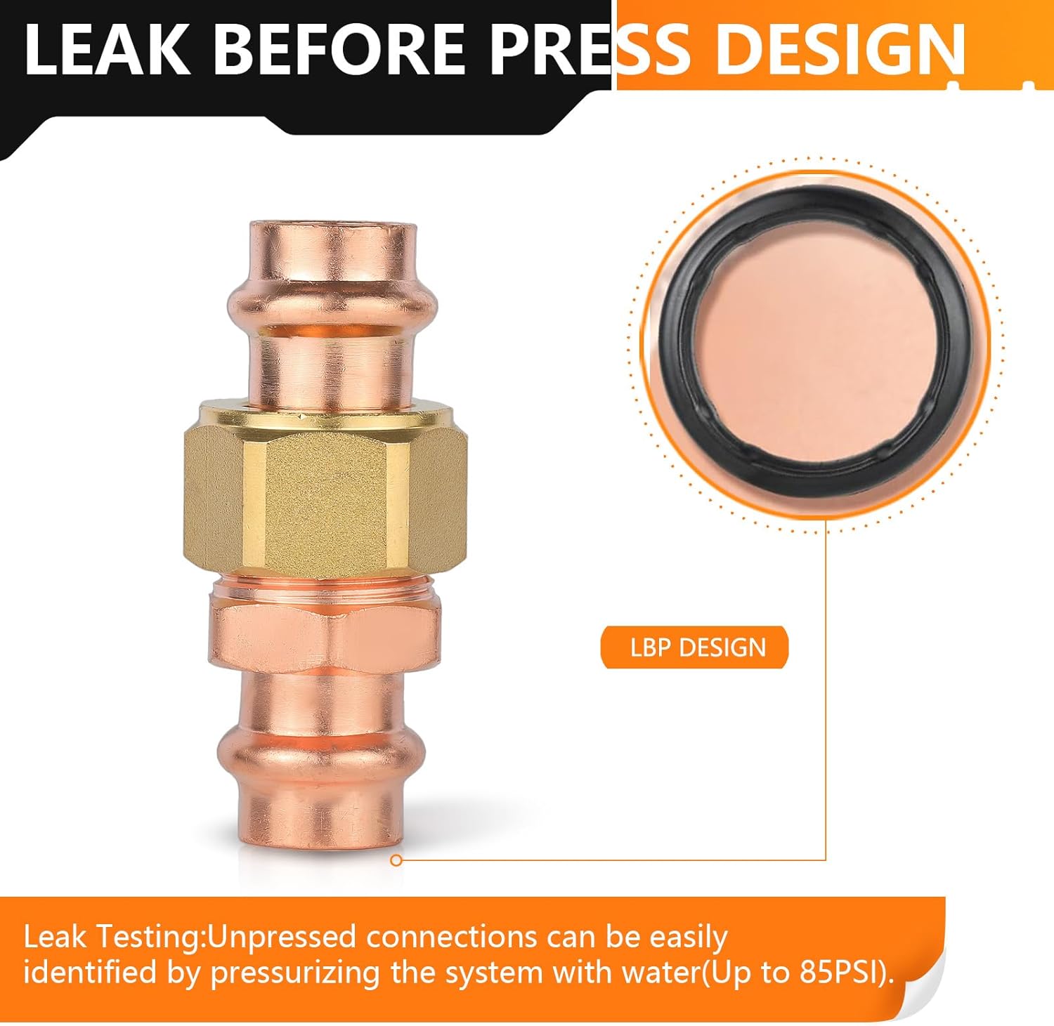 1-Pack HeSun Copper Union Press Coupling, 1/2" x 1/2" Pressure Fittings, P x P for Copper Tube Connection(PRESS068)