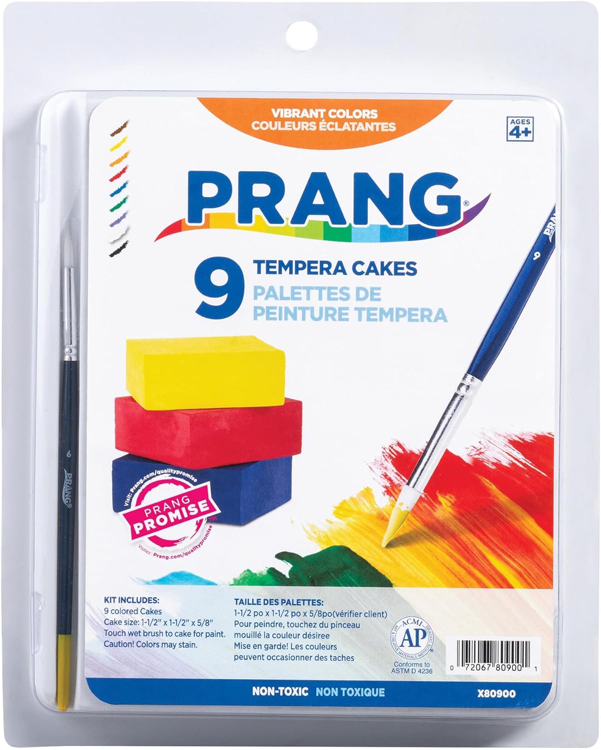 Prang Tempera Cake Set With Brush, 9 Assorted Colors, 1 Count