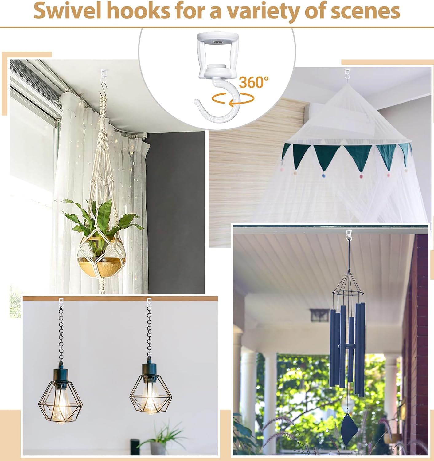 Mkono Ceiling Hooks for Hanging Plants, Heavy Duty Metal Plant Hanger for Drop Ceiling, Swag Hook for Hanging Planters, Lights, Birdfeeders, Indoor Outdoor Decorative Screw-in Hooks (White 4 Pack) image 4