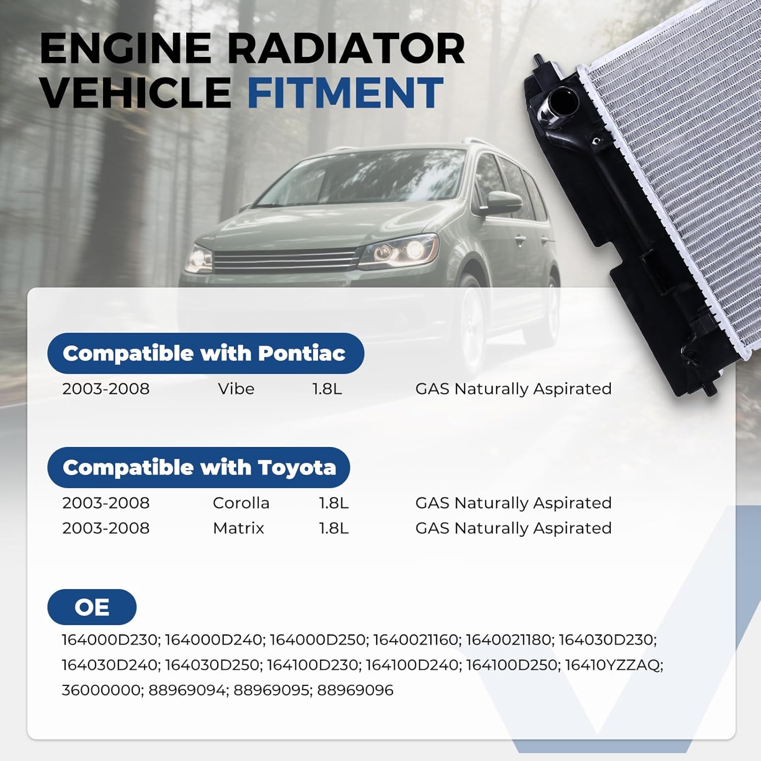 CU2428 Radiator for 2003–2008 Toyota Corolla Matrix Pontiac Vibe 1.8L L4 AT & MT, Aluminum Engine Coolant Radiator Replace OE# 164000D230 16410YZZAQ