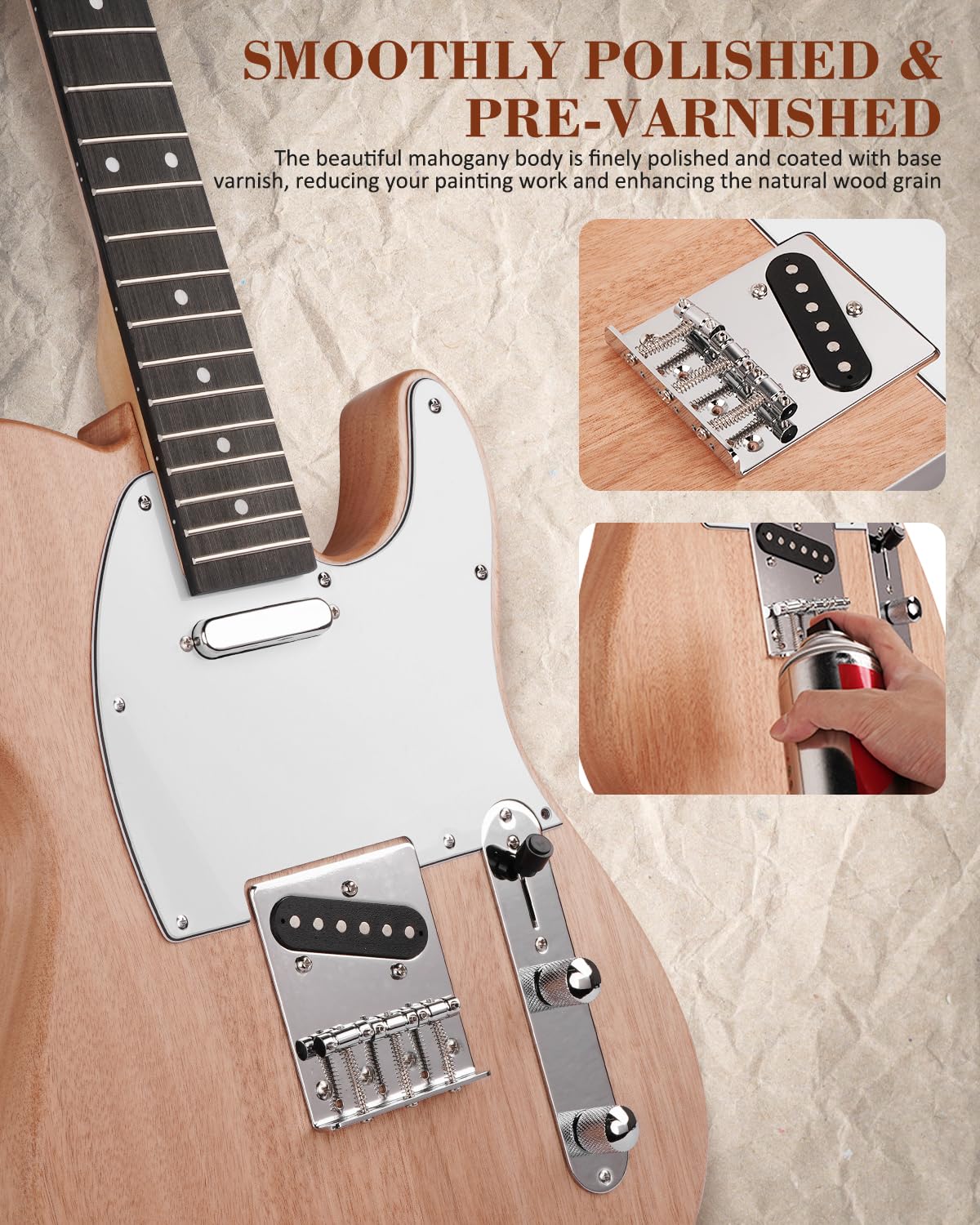 STRICH DIY E-Gitarre Kit, TL-Style Mahagonikorpus & Ahornhals mit SS-Tonabnehmern, einfach zu montierendes Kit mit allen Teilen - bauen Sie Ihre eigene E-Gitarre STL-D10