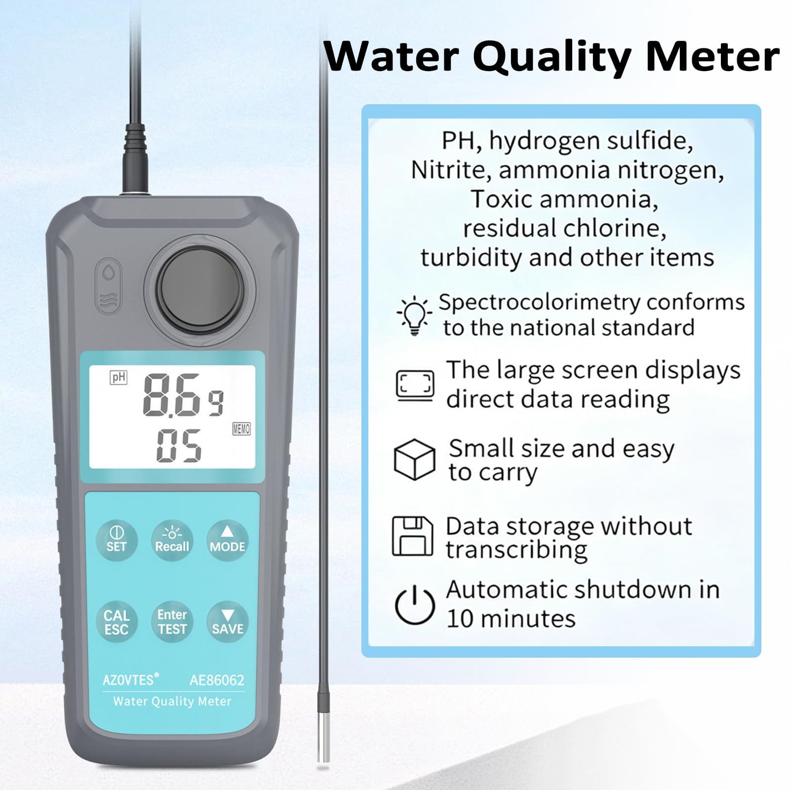 Medidor digital de calidad del agua, detector multiparámetro con sonda, mide turbidez/pH/cloro residual, almacena 99 entradas de datos, conmutación °C/°F, para piscina de acuario