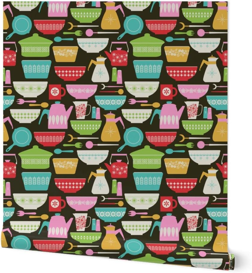 Peel & Stick Wallpaper 3ft x 2ft - Vintage Kitchen Bright Pink Green Blue Red Retro 1950S Custom Removable Wallpaper by Spoonflower
