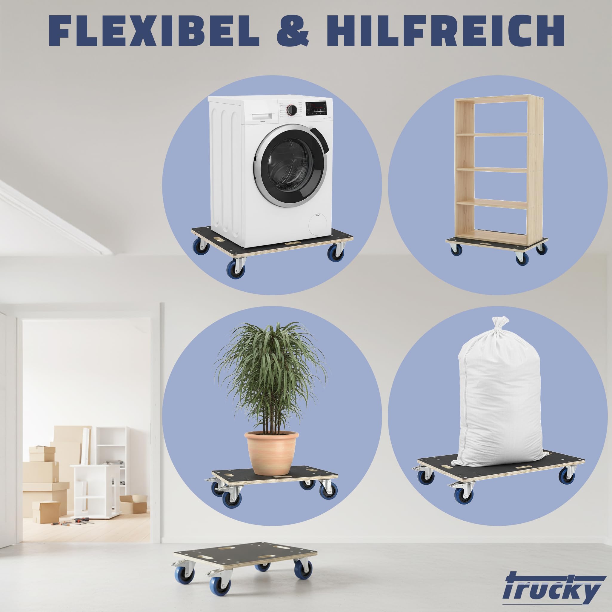 Trucky Tabla de 60 x 80 cm, ruedas de 500 kg, con 4 ruedas para muebles, carrito de transporte