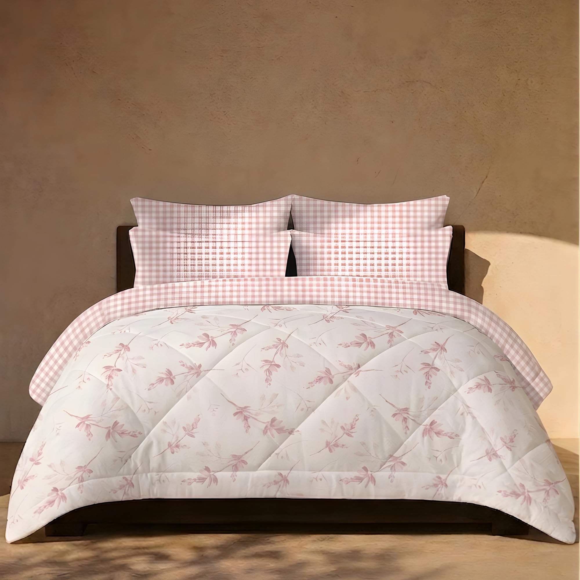 VELOURA Florence Collection Reversible Comforter, Botanical Floral and Geometric Print, Microfibre Cotton, 350 GSM, Premium Quilted Finish (White and Light Pink, Double)-image-10