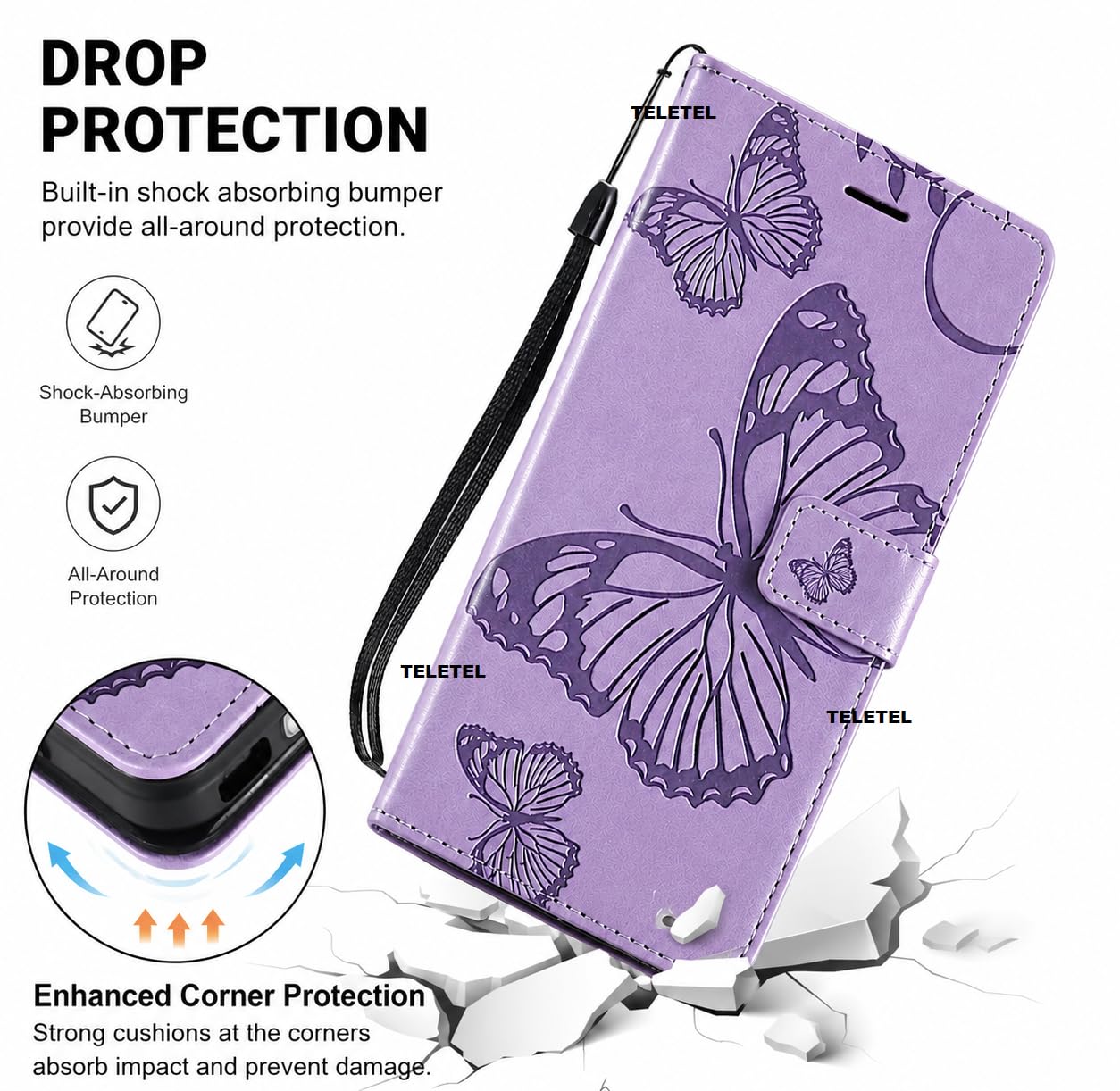 TELETEL Diva Series Butterfly Embossing Pu Leather Flip Wallet Case Cover with Card Holder | Magnetic Closure (Purple) for Redmi Note 11 & Redmi Note 11S 3