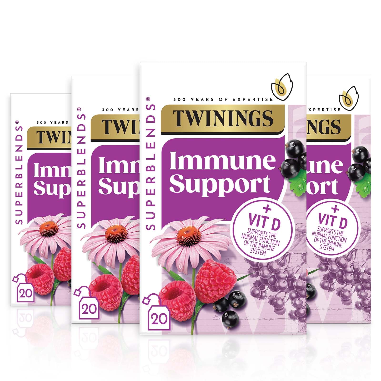 Superblends Immune Support Tea - Blackcurrant, Raspberry & Elderberry Herbal Tea Infusion with Echinacea Root & Vitamin D, 80 x Biodegradable Tea Bags