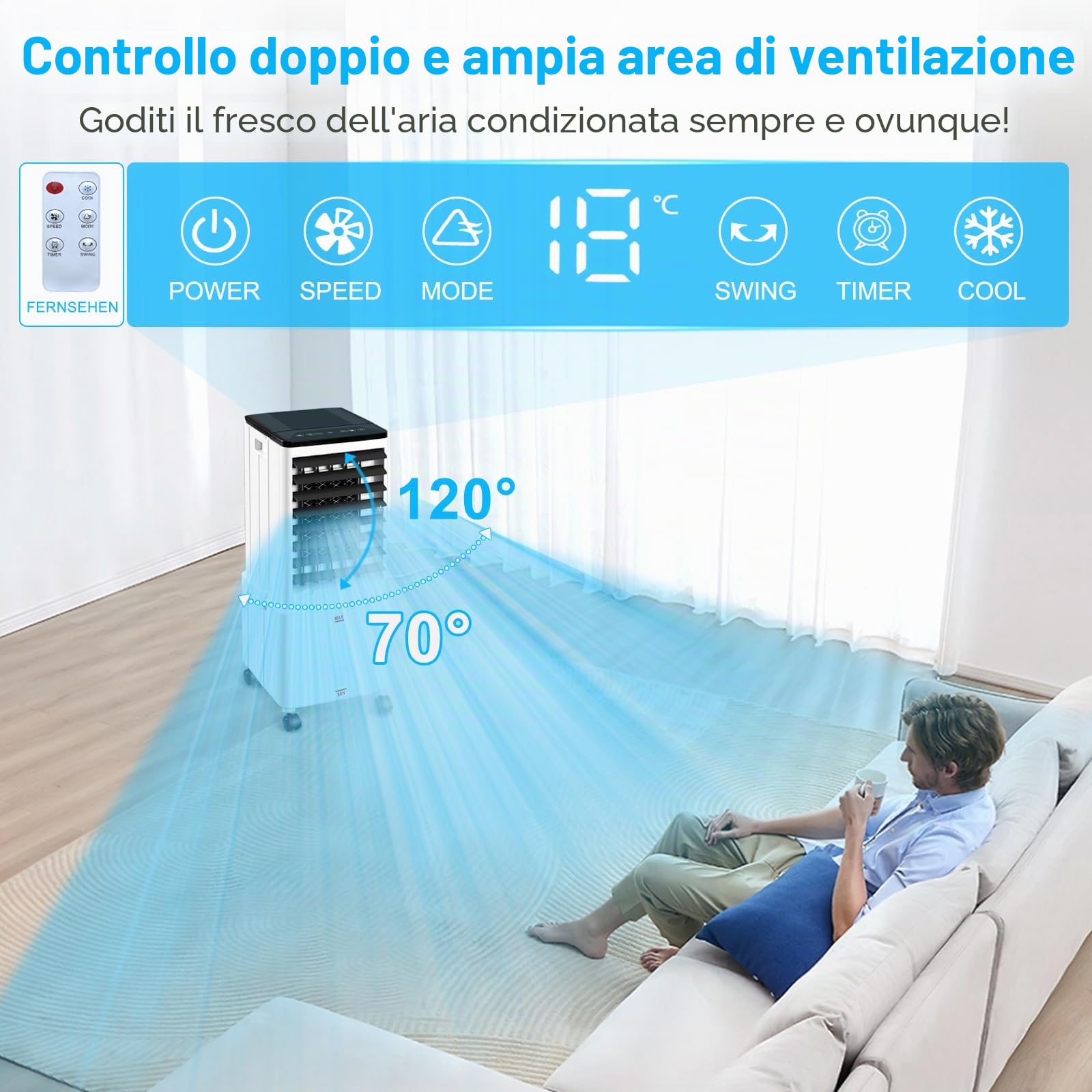 Condizionatore Condizionatore Senza Tubo di Scarico 14L 60W Condizionatore Mobile con Timer 12H 3 Modalità 40dB Oscillazione 120° Serbatoio Acqua Estraibile Telecomando Silenzioso