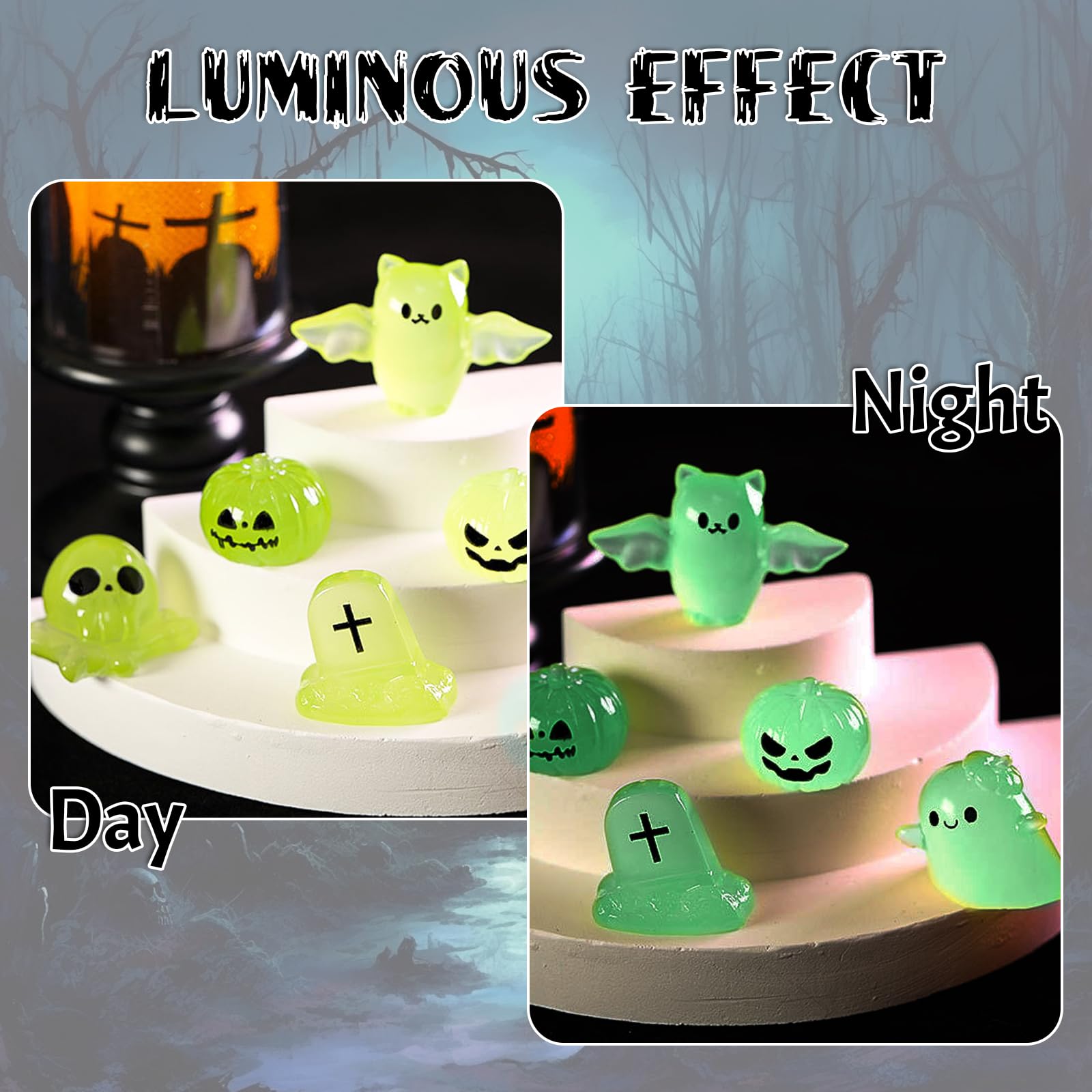 Booaee Świecące miniaturki na Halloween, 30 sztuk, świecące figurki na Halloween, świecąca dekoracja do użytku na zewnątrz, z nietoperzami, dynią, duchem, duchem, Halloween, dekoracja stołu, figurka