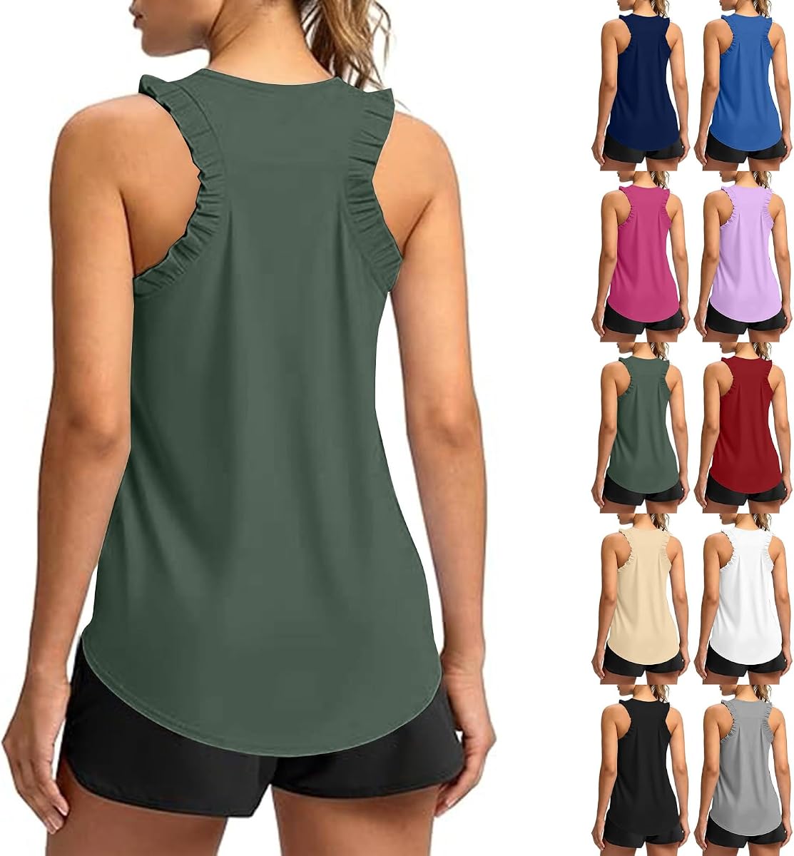 Camisetas sin mangas de verano para mujer, con volantes, sin mangas, con espalda cruzada, casual, atlética, yoga, suelta, suave, para correr, gimnasio