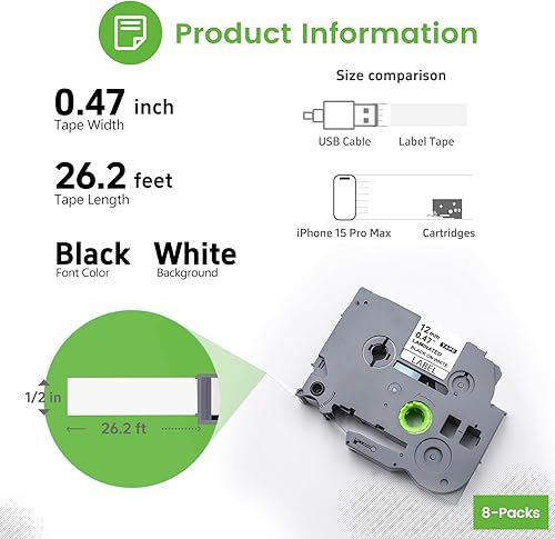 Miniatura 3 de Tze - Cinta adhesiva de 0.472 in 0.47 laminada blanca compatible con cinta Brother de 0.472 in 0.47 repuestos blancos TZe-231 TZe231 negro sobre
