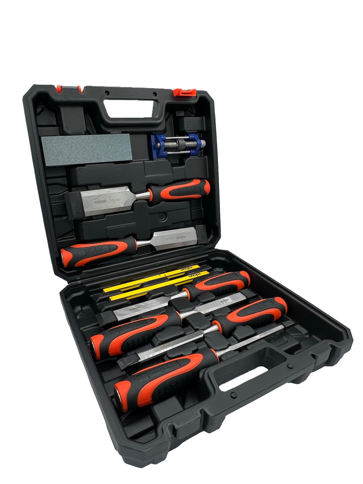 Rolson 10Pc Wood Chisel Set & Sharpening Stone Honing Guide Pencils Carpentry